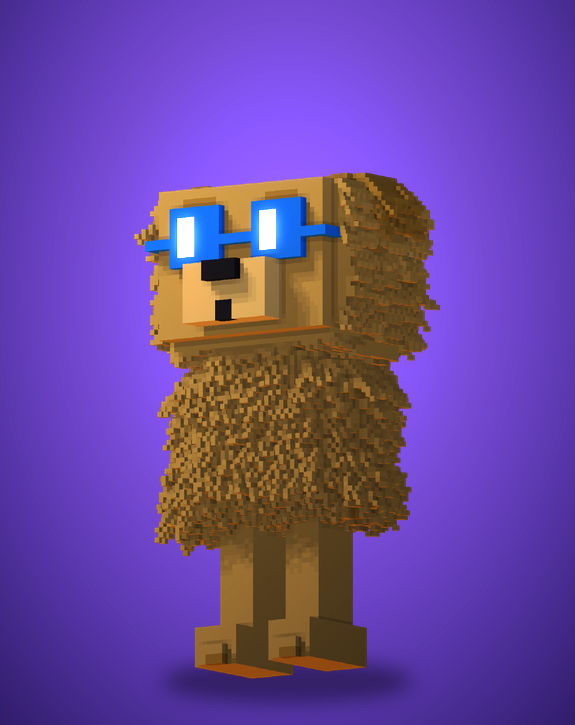 A soft fluffy voxel Big Dog wearing blue glasses